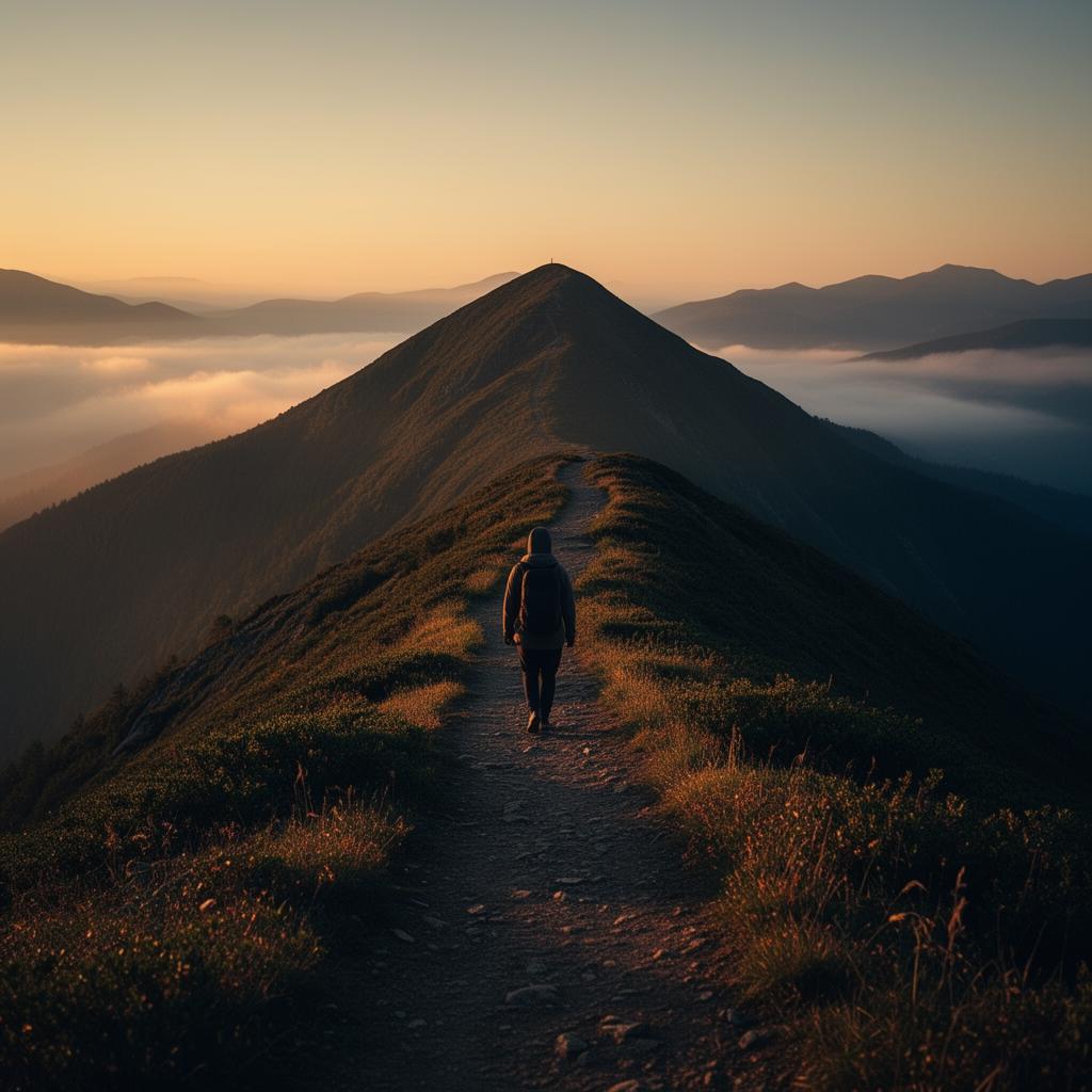 Chemin de montagne au crépuscule, silhouette contemplative